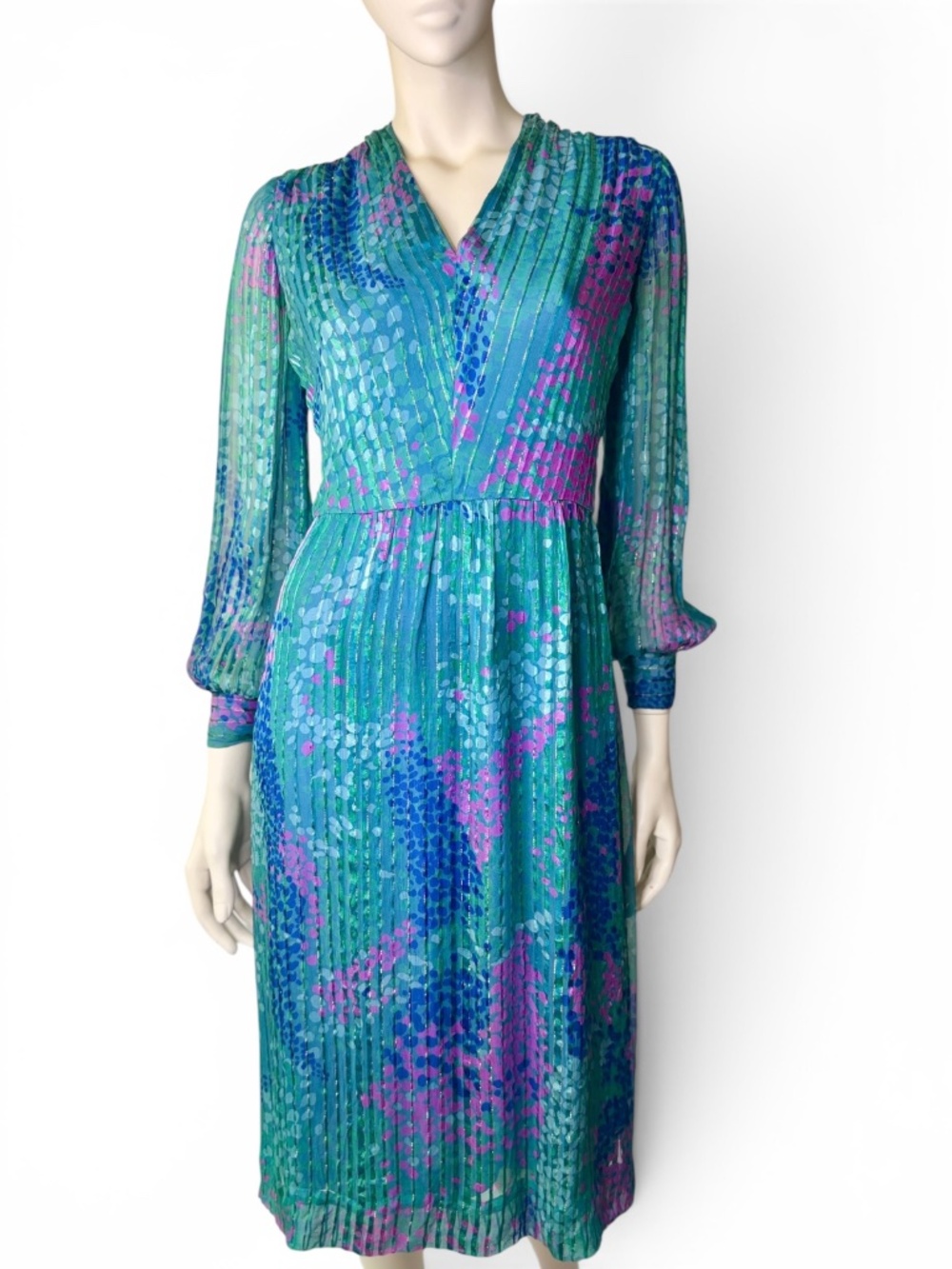 Vintage Silk Teal and Lavender Jewel Tone Metallic Watercolor Midi Dress  Size S